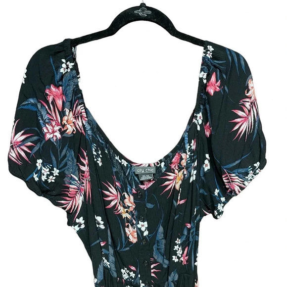 City Chic Black Floral Palm‎ Button Front Off the Shoulder Romper Plus Size 24 - Picture 2 of 11